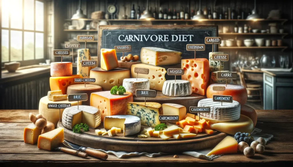 An image depicting various types of cheese suitable for a carnivore diet, including hard cheeses like Parmesan and Cheddar, aged cheeses.