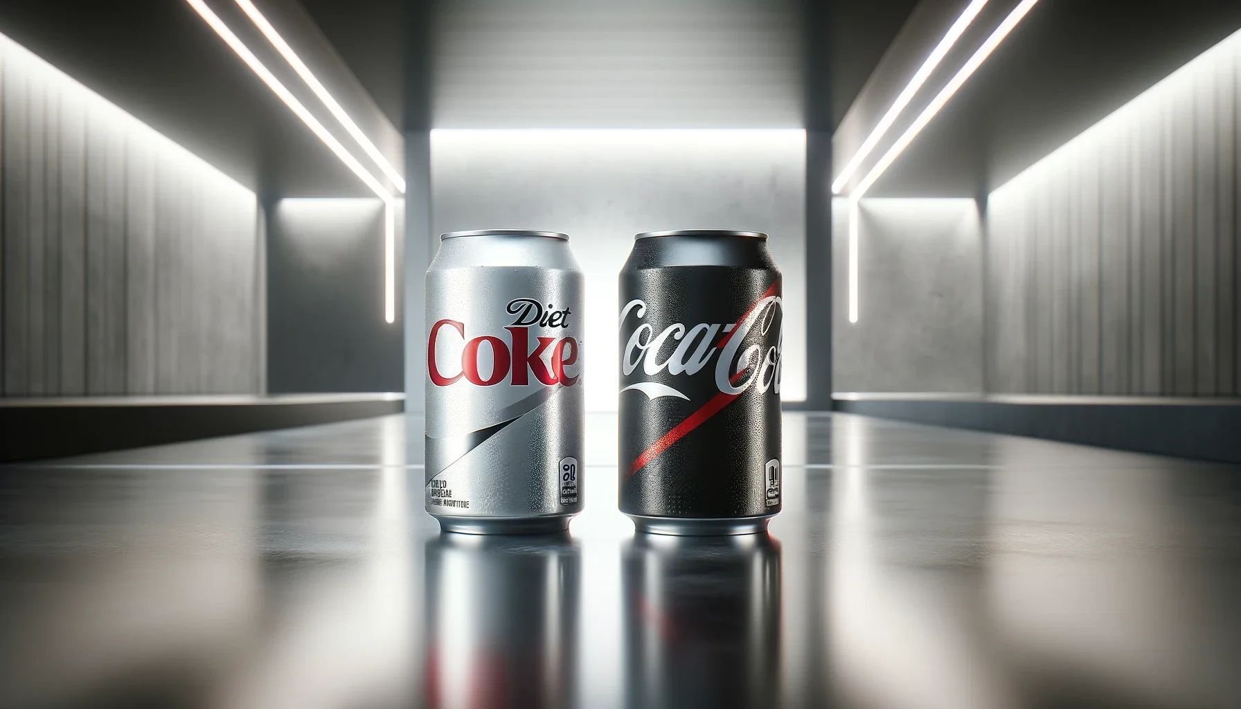 An image showcasing two cans, one of Diet Coke and the other of Coke Zero, placed side by side on a sleek modern surface.