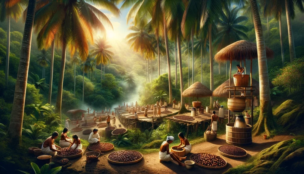 A-serene-and-educational-image-depicting-a-traditional-Batana-oil-extraction-process-in-Honduras.-The-scene-includes-a-lush-green-tropical-rainforest