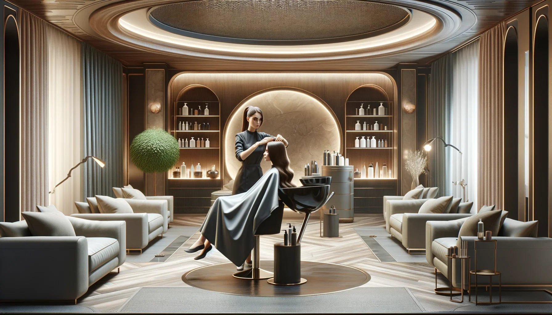 An elegant, modern image showing a professional hair salon environment. The salon is upscale and stylish, featuring sleek furniture