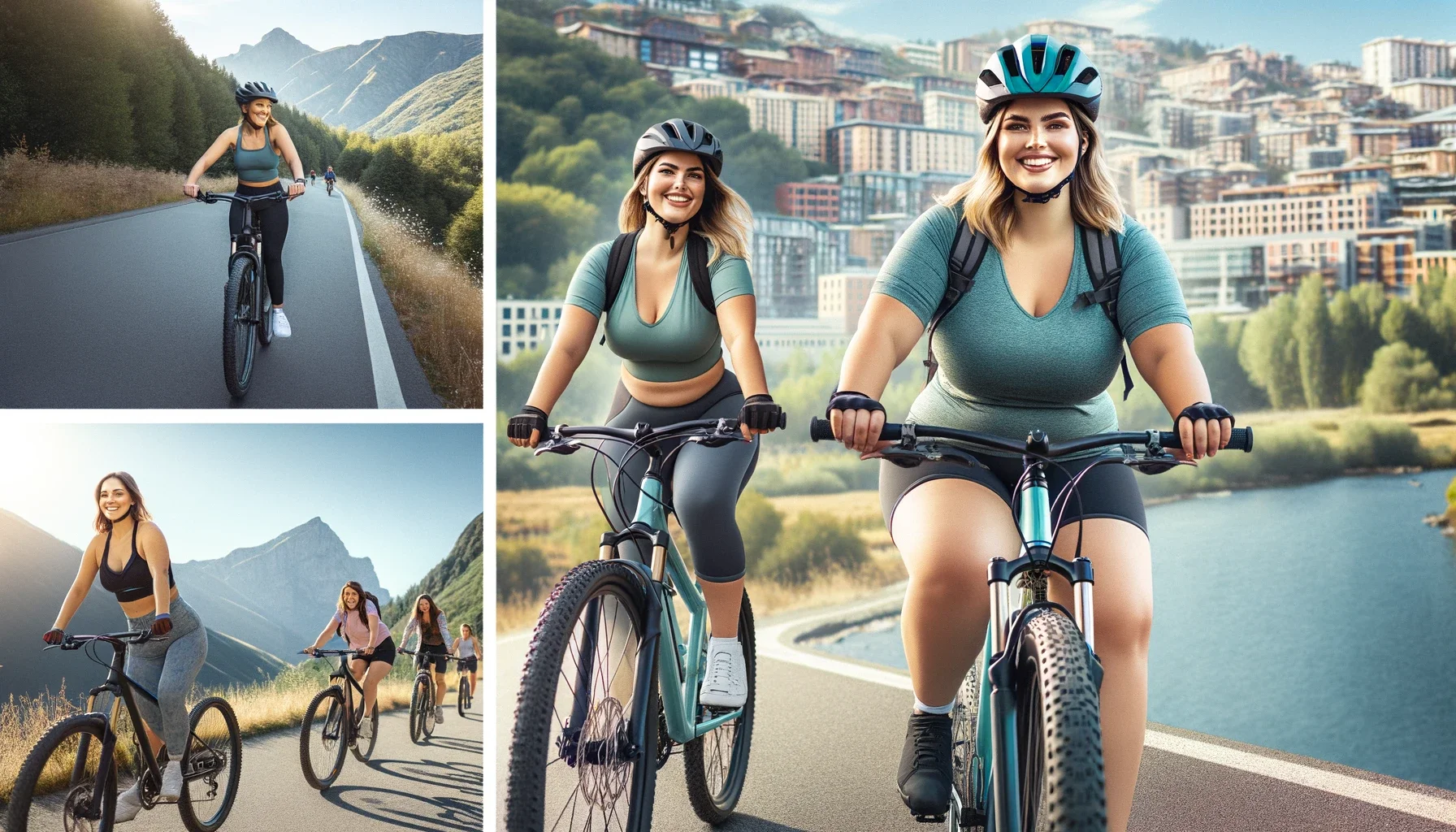 A confident, smiling plus-size female cyclist wearing a helmet and cycling gear, riding a sturdy hybrid bike along a scenic city path.