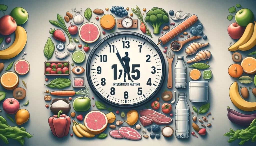 A conceptual image representing the 19_5 intermittent fasting method. The image features a clock with its hands pointing to 19 and 5
