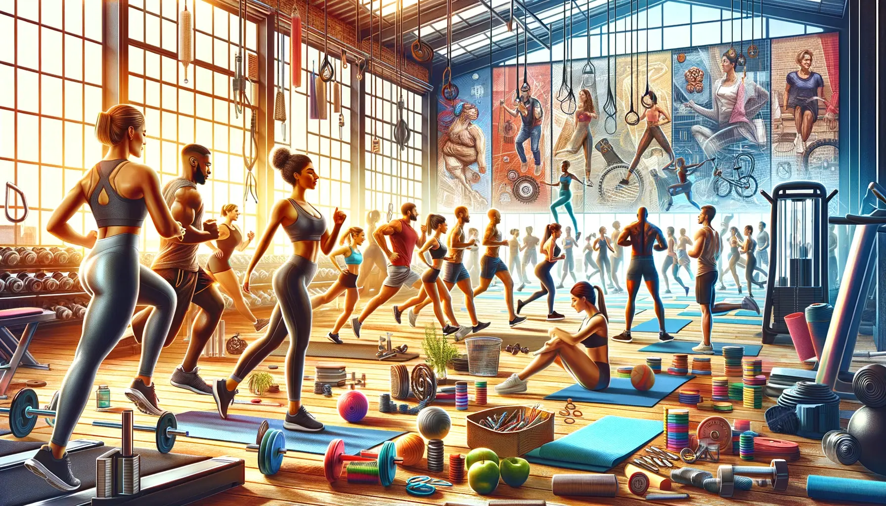 An inspiring fitness blog header image, depicting a diverse group of individuals engaging in various exercises such as running, yoga, and strength training to reduce inner thigh fat
