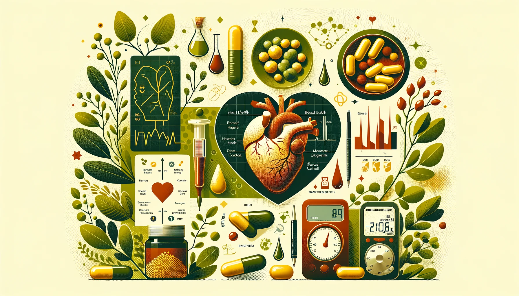 Collage of Berberine health benefits, featuring Berberine capsules, Berberis plant, heart icon for heart health, glucose meter for blood sugar control, and scale for weight management, with a natural green and yellow color scheme.
