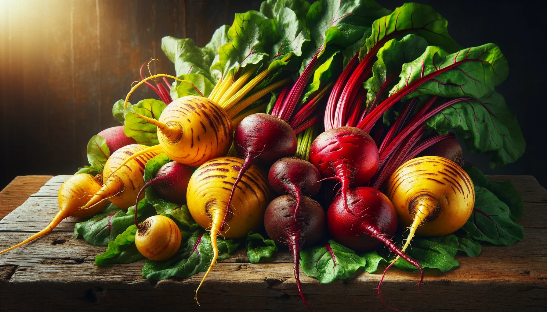 A vibrant and colorful image depicting golden and red beets in a dynamic and visually appealing composition.
