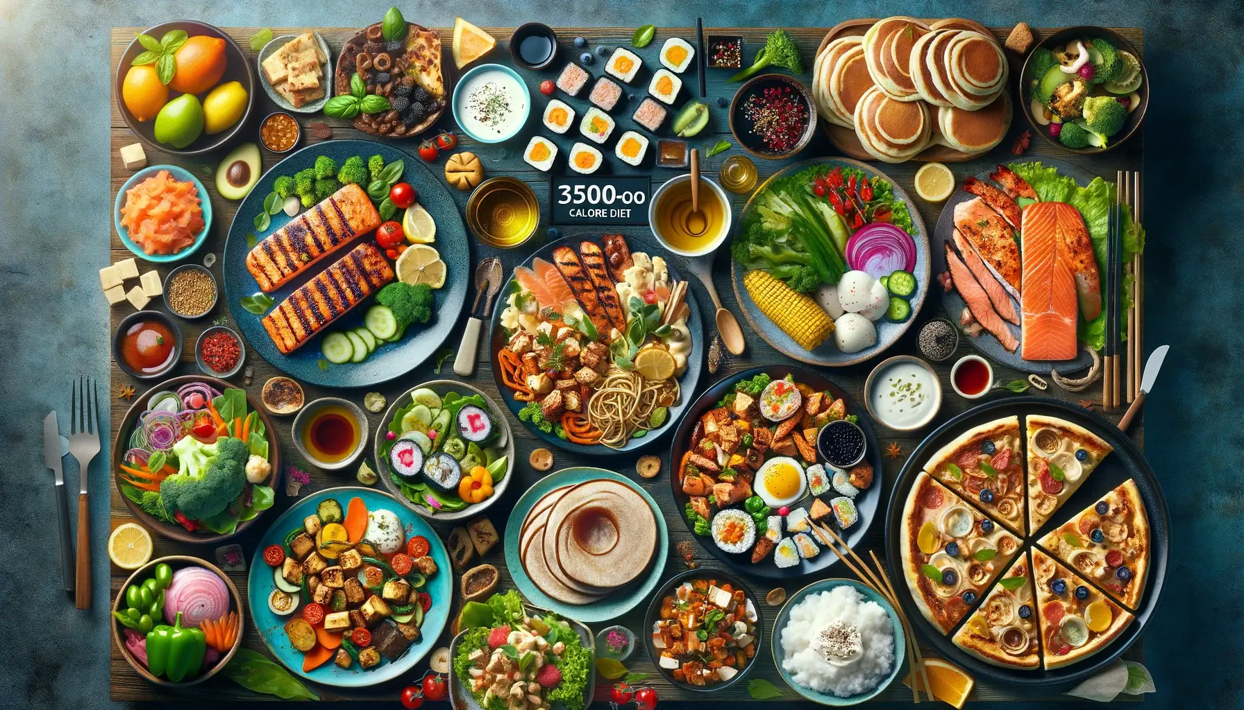 A visually stunning and appealing image showcasing a variety of meals suitable for a 3500-calorie diet, presented in an attractive and engaging manner