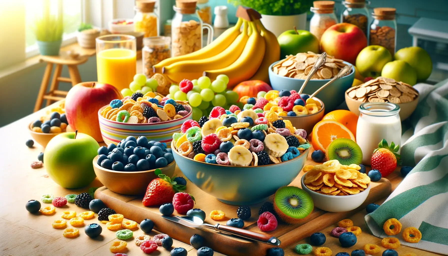 A vibrant and engaging image for a blog about the best high-fiber cereals in 2023. The image should feature a variety of colorful, healthy high-fiber