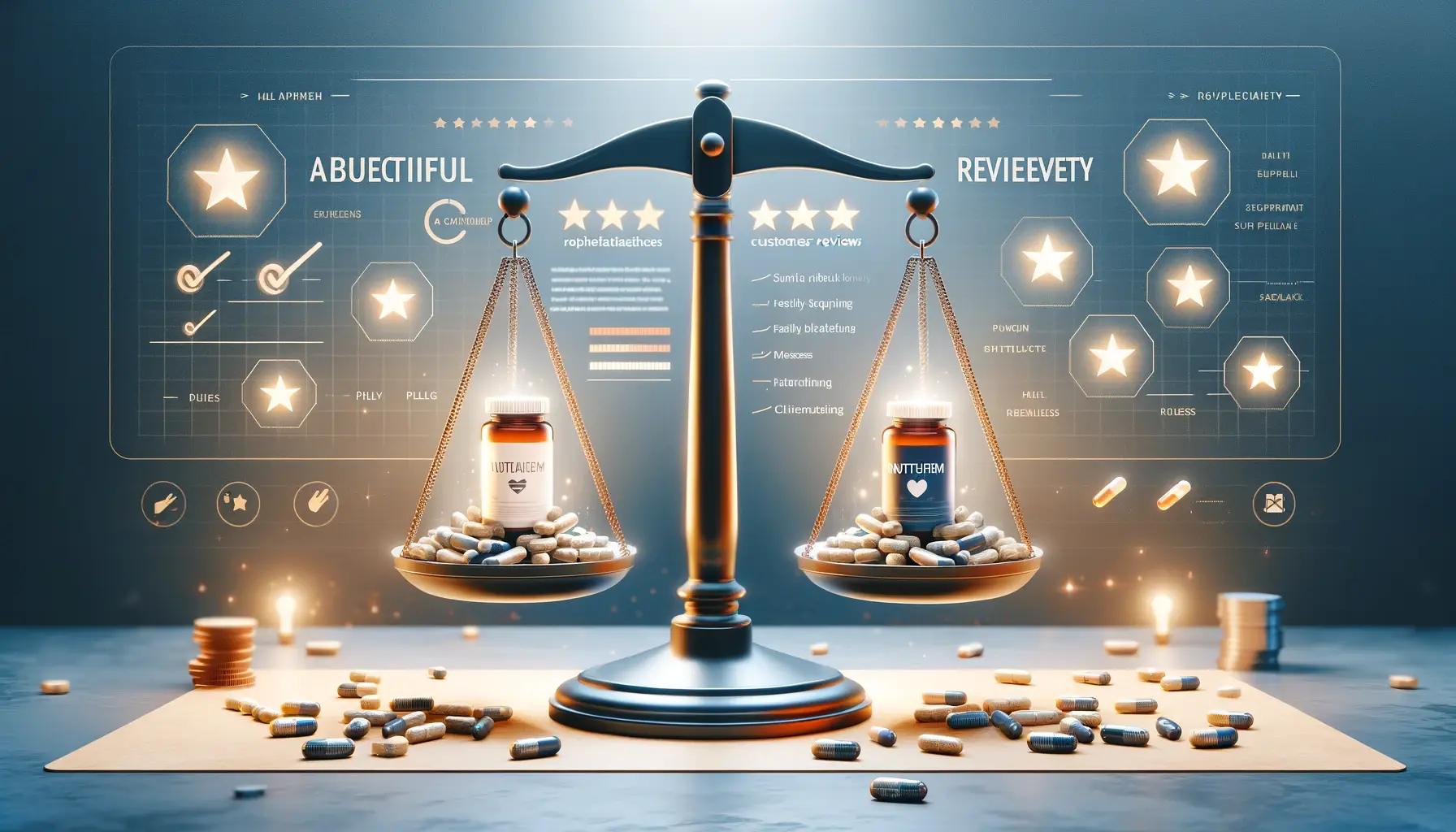 An engaging blog header image depicting a thoughtful, balanced review of a health supplement named Nutratherm. The image should show a balanced scale,